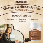 "ENGYUP Women's Wellness Protein – rich chocolate flavor, formulated for strength, hormonal balance, and radiance"